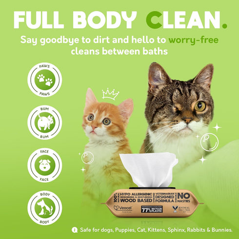 G.A.S Plant-Based Full Body Pet Wipes - Vet-Designed Hypoallergenic Cleaning Wipes for Dogs & Cats, Pack of 100