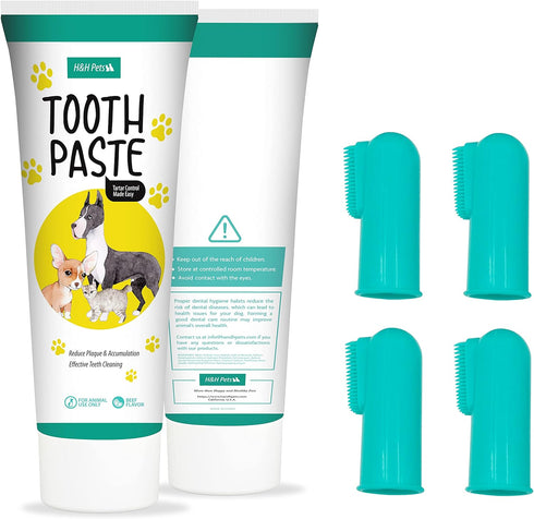 H&H Pets Dog Toothbrushes and Toothpaste Set, Professional Finger Dental Brush for Cats & Dogs, Small Size, 4 Count,