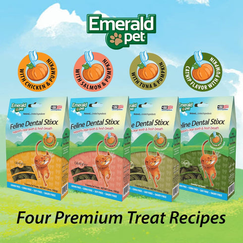 Emerald Pet Feline Dental Stixx, Tasty Crunchy Cat Dental Sticks with Pumpkin for Digestive Health, Salmon Stixx, 3.6 oz