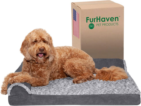 Furhaven Orthopedic Dog Bed for Large/Medium Dogs, Removable Bolsters & Washable Cover, Two-Tone Plush Faux Fur, Large