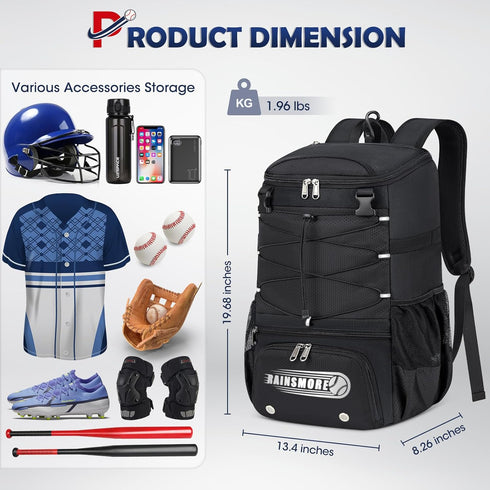 RAINSMORE Baseball Bag - Lightweight Waterproof Backpack for Youth & Adult with Shoe Compartment