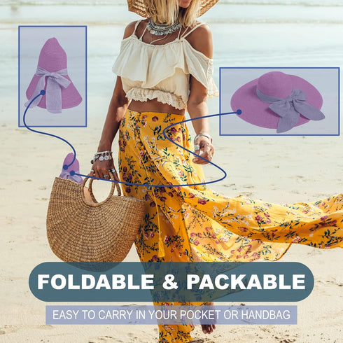 Straw Sun Hat for Women, Wide Brim UPF 50+ UV Protection Cap with Bow, Packable Beach Hat