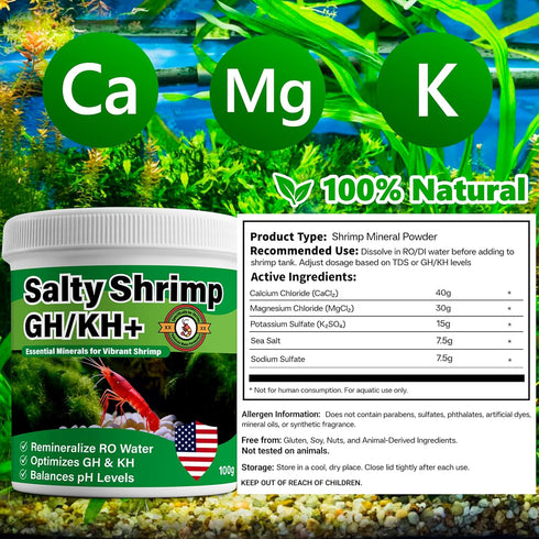 100G, Salty Shrimp GH/KH+ Keep Your Shrimp Alive, Boost Breeding Healthy & Remineralize RO Water, The Shrimpies Stopped
