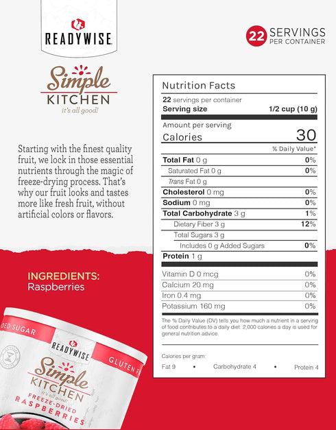 22 READYWISE - Simple Kitchen Freeze Dried Raspberries, Servings, Vegan, Gluten Free, Healthy Snack, Survival Food