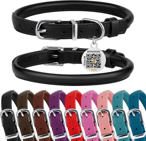 BRONZEDOG Rolled Leather Dog Collar - Glossy Black for Small Medium Large Dogs with QR ID Tag (S: 12-14 Inch)