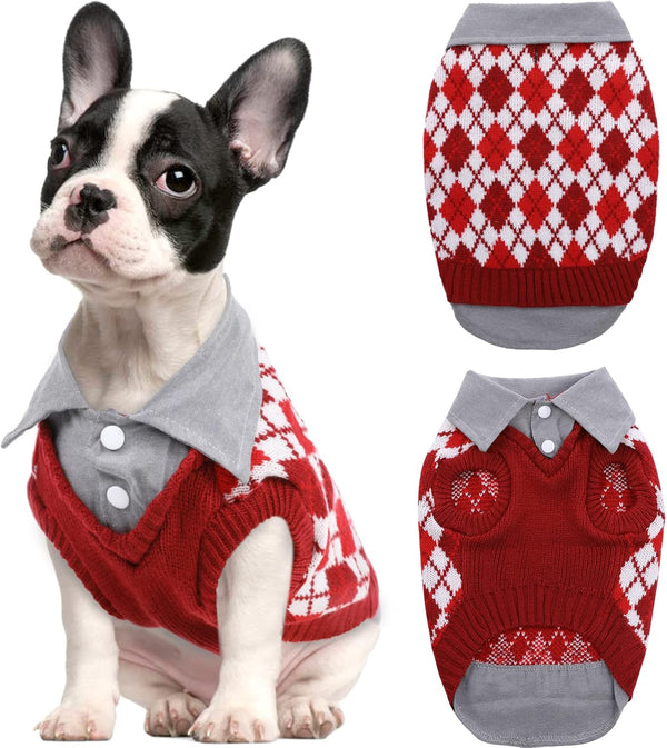 Kuoser Plaid Dog Sweater, Warm Patchwork Design Knitwear for Small Medium Dogs (XS, Red)