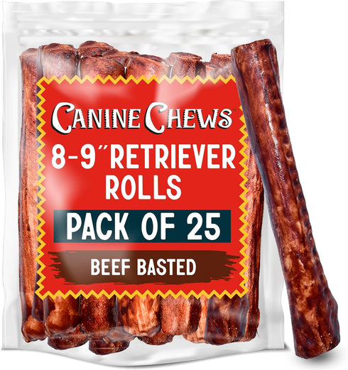 Canine Chews 8-9" Beef Basted Rawhide Bones for Large Dogs (25 Pack) - Hand-Rolled Dog Rawhide Chews