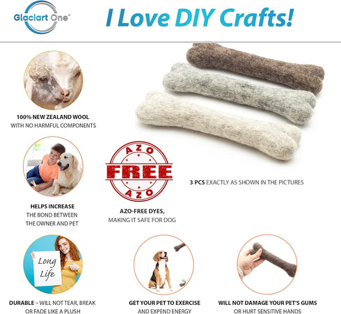 Glaciart One Felted Wool Dog Chew Bone (3 Pcs)| Durable Dog Chew Toy, Puppy Chew Toys for Teething & Dog Teeth Cleaning | Pet Toys Fetch Games & for Anxiety/Boredom | Great for Small or Medium