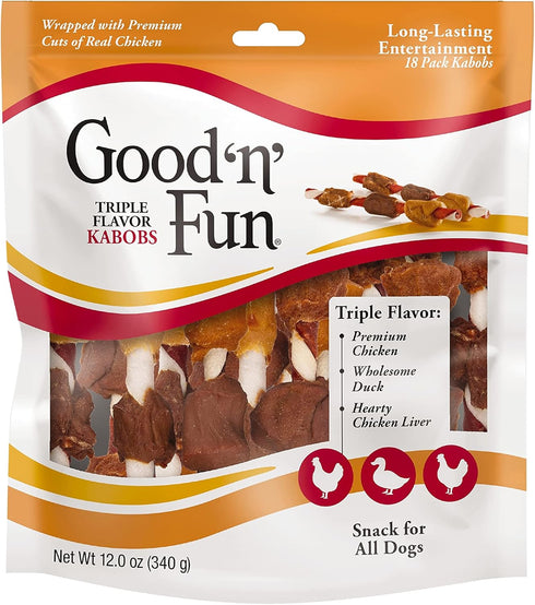 Good'n'Fun Triple Flavored Rawhide Kabobs for Dogs, 12 Oz (3 Pack)