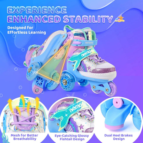 4 NEMONE Mermaid Size Adjustable Light up Roller Skates for Girls, Purple Blue Skates for Toddlers, Beginner Kids