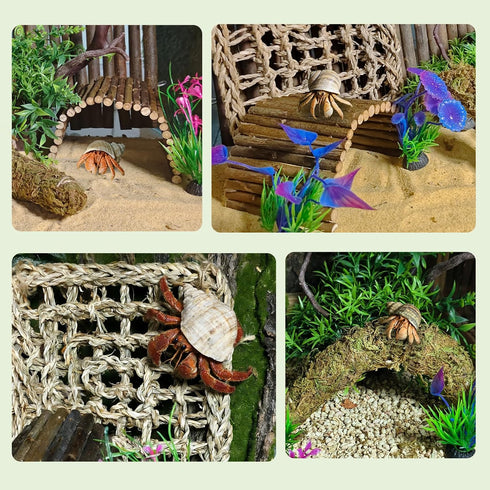 Hammock,Reptile Hermit Crab Accessories, Hermit Crab Climbing Toys,Flexible Moss Pole with Wood Bridges Reptile Tank