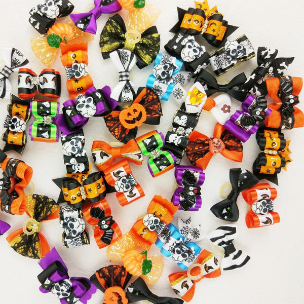 50pcs/Pack Pet Dog Cat Halloween Hair Bows, Rhinestone Puppy Grooming Bows with Rubber Bands