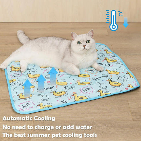 BAMY Cat Cooling Mat Summer Dog Silk Pad, Self Cooling Cushion with Duck Strawberry Pattern, Washable (Blue Duck, M