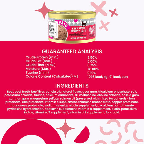 I and love and you Wet Cat Food, Beef Right Meow Pâté, Grain Free, Filler Free, 3oz Pack of 24 Cans