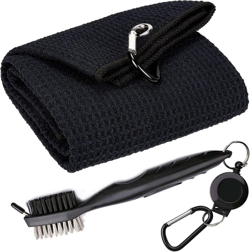 Golf Towels, Microfiber Waffle Pattern Tri-fold Towel with Brush Tool Kit for Men Women Golf Gifts (Black Towel+Brush)