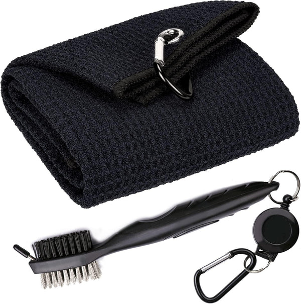 Golf Towels, Microfiber Waffle Pattern Tri-fold Towel with Brush Tool Kit for Men Women Golf Gifts (Black Towel+Brush)