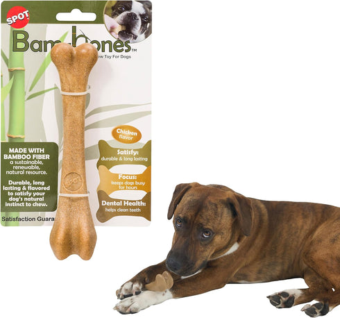 SPOT Bam-Bones Bone, 7.25in, Chicken Flavor - Durable Bamboo Fiber Dog Chew for Light to Moderate Chewers under 40lbs