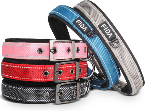 Fida Heavy Duty Dog Collar, Ultra Comfortable Soft Neoprene Padded Adjustable Reflective Nylon for Medium Breeds, Blue,
