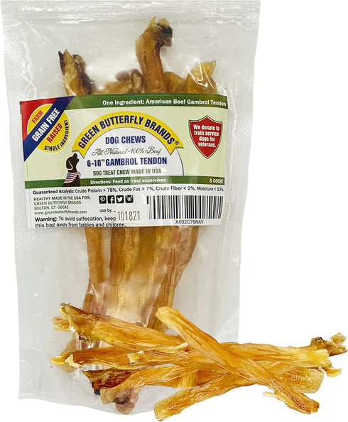 Beef Tendons for Dogs - 6-10 Inch Grass Fed Farm-Raised Treats, All Natural Dental Chews (5 Count)