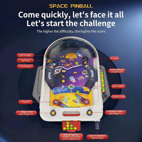 1-2 3+ Tabletop Pinball Machine Space Board Game with Obstacles, Pull-Rod Launcher, Two-Hand Controls, Ball Storage