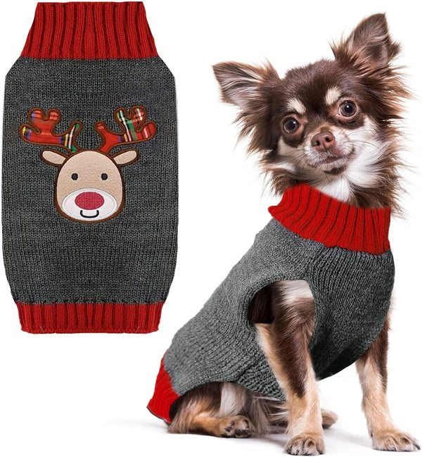 PETCARE Reindeer Christmas Dog Sweater, Gray Cat Sweater Vest, Holiday Dog Clothes for Small Medium Large Dogs