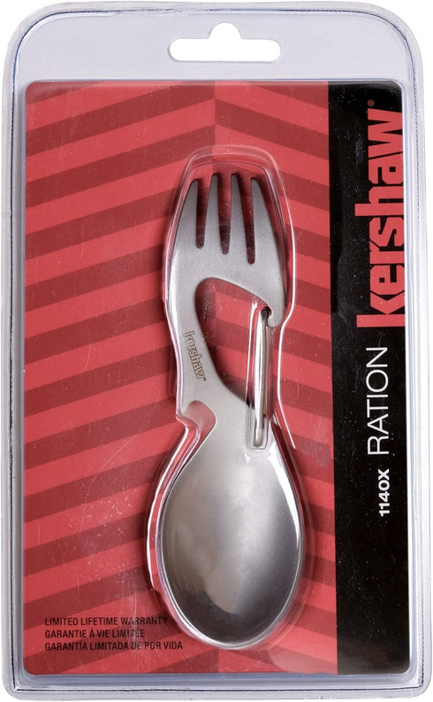 Kershaw Ration Multi Tool Spork, Stainless Steel Spoon, Fork, Carabiner, Bottle Opener, Regular and XL Sizes