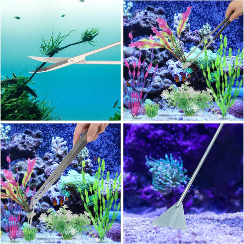 Aquarium Aquascape Tools Kit 15in, 4 in 1 Stainless Steel Silver Anti-Rust Aquatic Plant Tool Set for Fish Tank