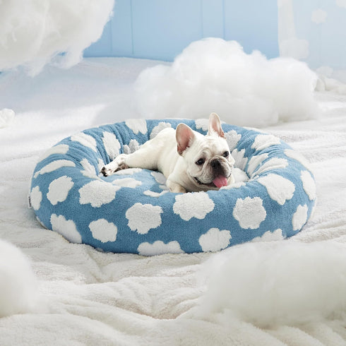 Lesure Donut Small Dog Bed - Round Calming Cat Beds with Jacquard Shaggy Plush & Anti-Slip Bottom, Blue, 30 Inch