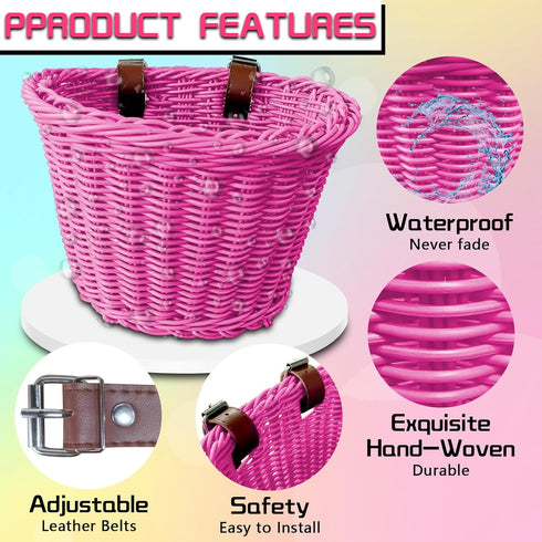 Kid's Adjustable Bicycle Basket Streamers Set, Front Handlebar Kit with Colorful Streamers, Bell, Windmill for Girls
