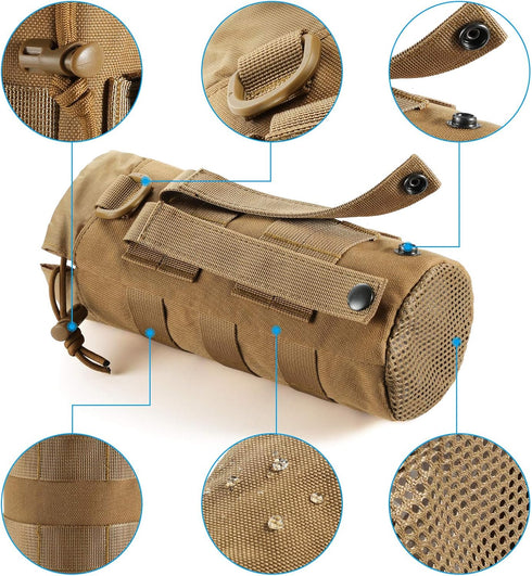 Tactical MOLLE Water Bottle Pouch - Military Water Bottle Holder Bag with Drawstring Open Top & Mesh Bottom