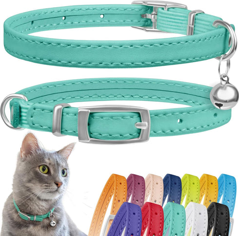 CollarDirect Leather Cat Collar with Elastic Strap, Kitten Collar with Bell, 8-11 Inch, Mint Green