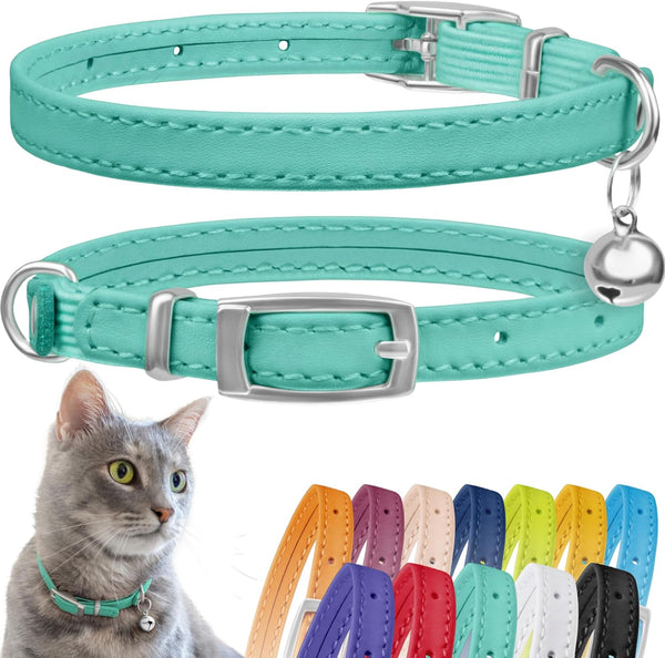 CollarDirect Leather Cat Collar with Elastic Strap, Kitten Collar with Bell, 8-11 Inch, Mint Green