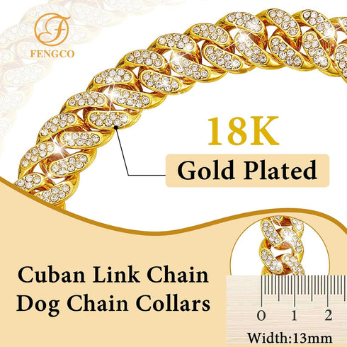 Gold Dog Chain Collar, Diamond Cuban Link Necklace 13mm Wide for Small Medium Large Dogs Cats, Pet Crystal Jewelry (20