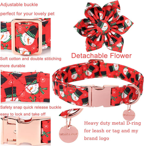 Christmas Dog Collar with Flower, Comfortable Collar for Puppy Girl Boy Dog or Cat, Durable Metal Buckle, XS, Neck