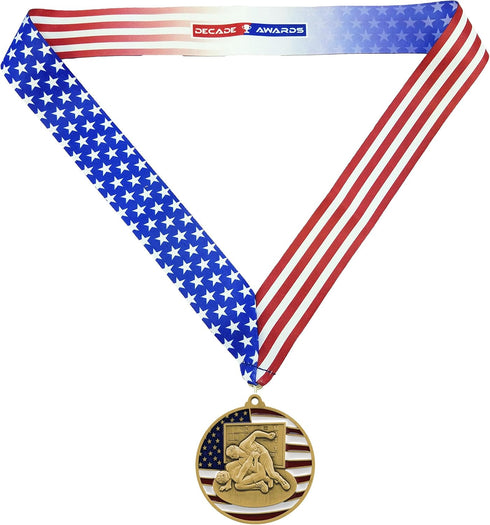 Gold Decade Awards Patriotic Wrestling Medal with Stars and Stripes Neck Ribbon - 1st Place (2.75 Inch Wide)