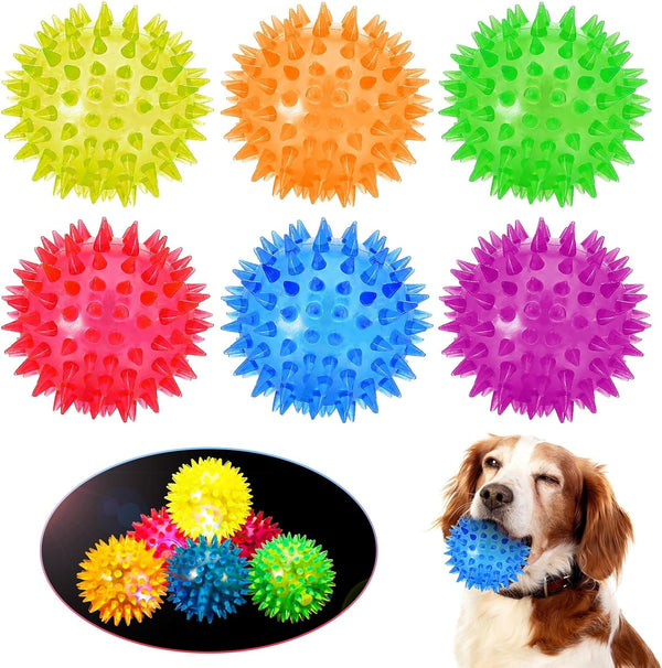 6 Pcs Light Up Spiky Ball Dog Toy, Glow in The Dark Spikey LED Flashing Rubber Dog Balls for Teething, Toss Fetch