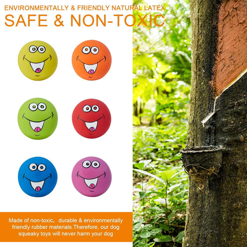Squeaky Dog Toys Chewing Durable Teething Latex Rubber Balls with Funny Smile Face for Small Medium Dogs (6PCS)