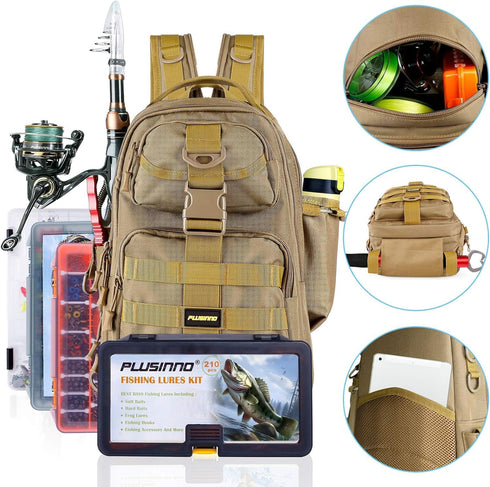 PLUSINNO Water-Resistant Fishing Backpack Tackle Bag with Rod Holder, Ideal Fishing Gifts for Men