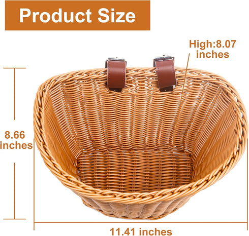 Woven Plastic Bike Baskets, Front D-Shaped Bicycle Basket with 2 Adjustable Leather Straps