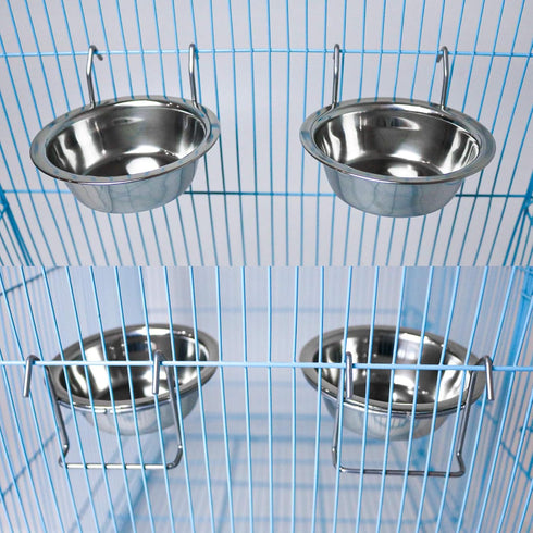 2 Pack Stainless Steel Bird Feeder Bowls, Coop Cups with Wire Hook, Parrot Feeding Dish for Finches Lovebirds