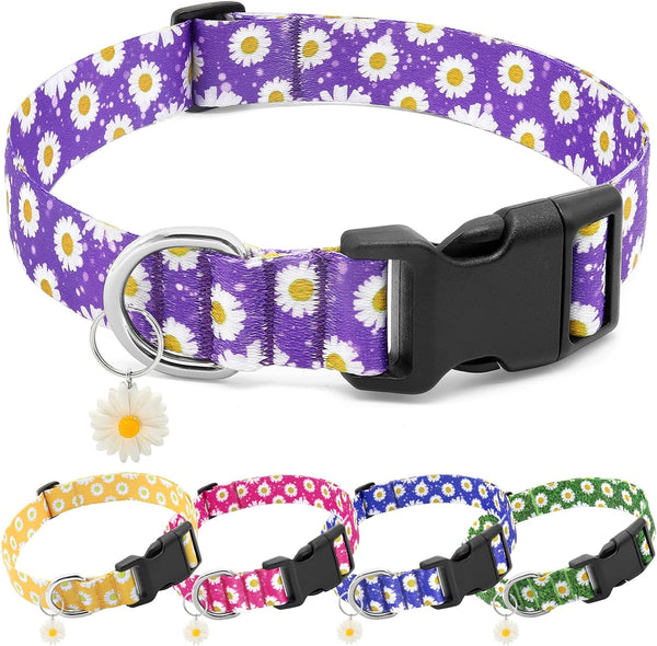 BiPawTi Floral Dog Collars for Large Dogs, Soft Cute Collar with Daisies Charms, Gift for Female Male Dogs (L, Purple)