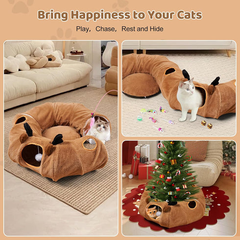 20 3-in-1 Cat Tunnel Bed with Pcs Interactive Toys, DIY Collapsible Plush Cat Tube with Washable Mat, Large Indoor Play