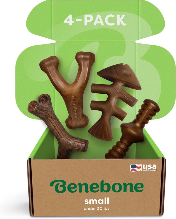 Benebone Small 4-Pack Dog Chew Toys - Made in USA for Aggressive Chewers, 30lbs and Under