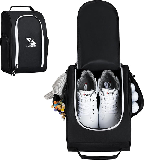 Golkcurx Black Golf Shoe Bag for Travel, Zippered Sport Shoe Carrier with Side Accessory Pockets