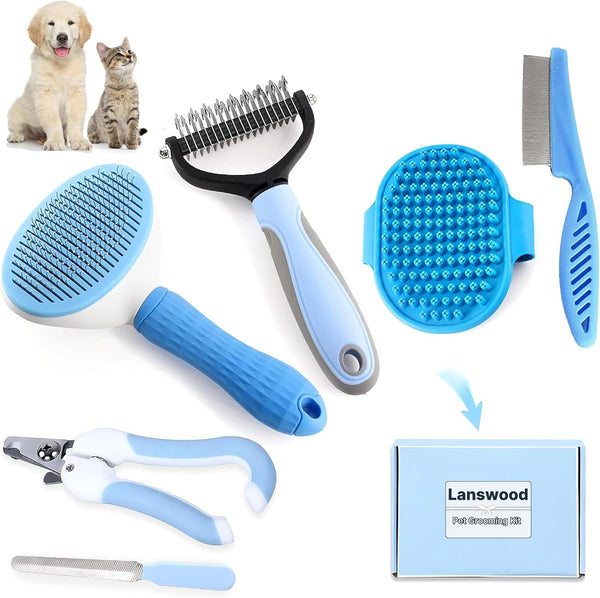 Dog Grooming Kit 6PCS - Dog Brush for Shedding, Dematting Comb, Nail Clipper with File, Flea Comb, Bath Brush - Blue