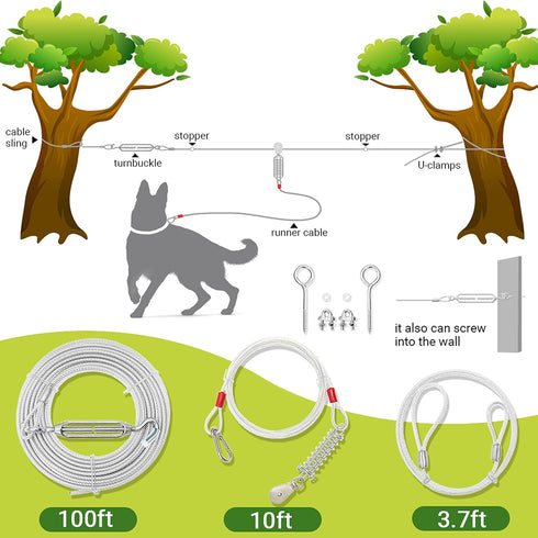 Dog Tie Out Cable - 100 ft Long with 10 ft Run Cable, Heavy Duty Chew Proof Lead Leash for Small Medium Large Dogs