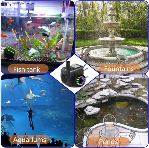 220 GPH Submersible Water Pump (800L/H, 15W), Ultra Quiet with 12 LED Colorful Lights for Fish Tank