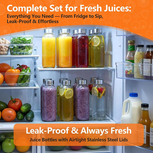 16 oz, 12 Pack 100% Luxfuel Glass Water Bottles with Lids Reusable Juice Bottle with Stainless Steel Cap & Straw, Leak