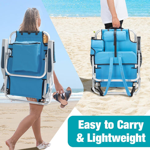 5 Backpack Folding Beach Chair, Position Portable Foldable Camping Chair with Headrest, Cup Holder, and Armrests,Blue