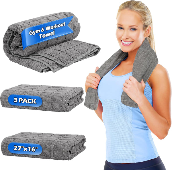 Microfiber Gym Towels, 3 Pack Grey Sweat Towels, 16 x 27 Inch